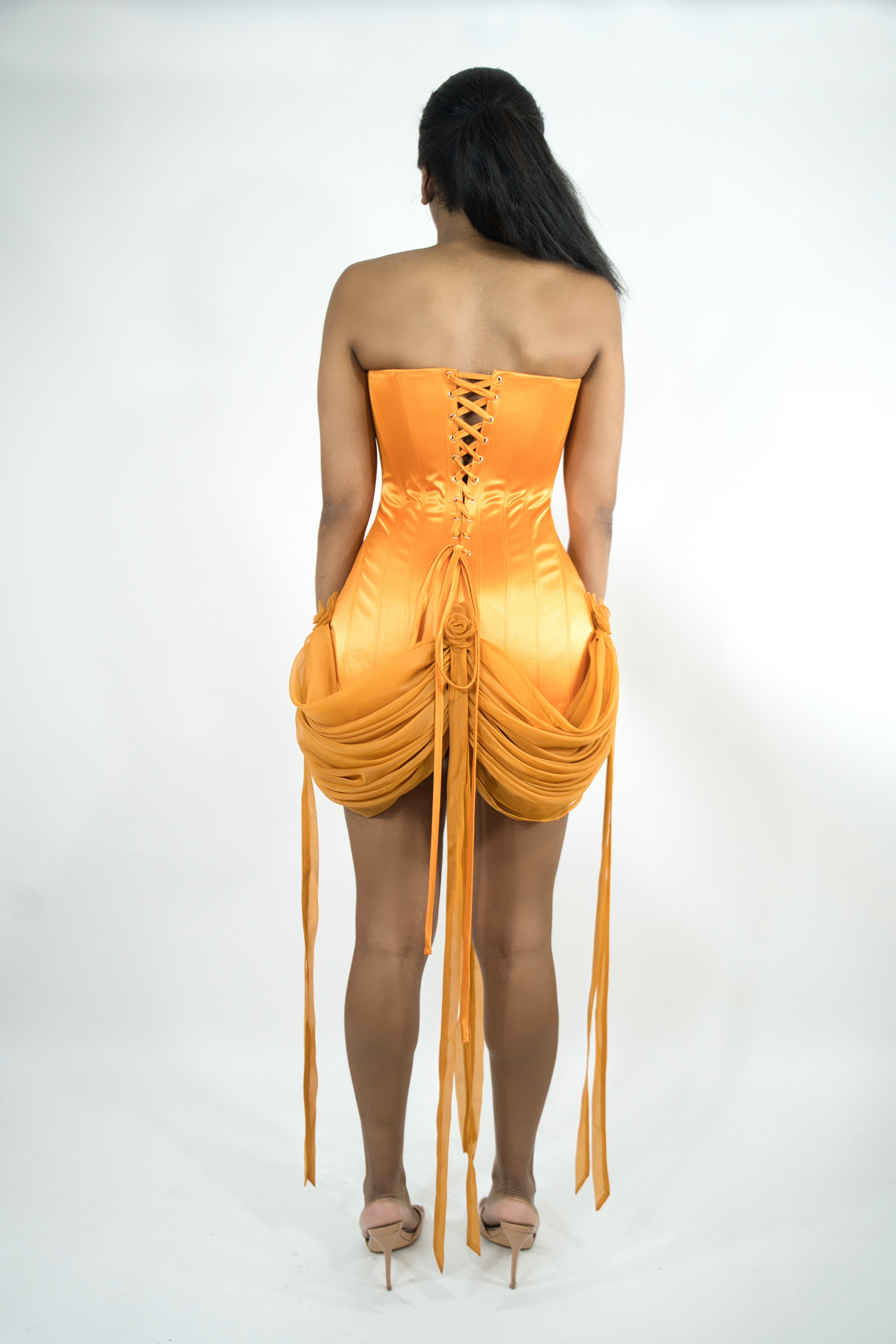 Alexandria - Marigold Chiffon Layered Corset Bodice Mini Dress