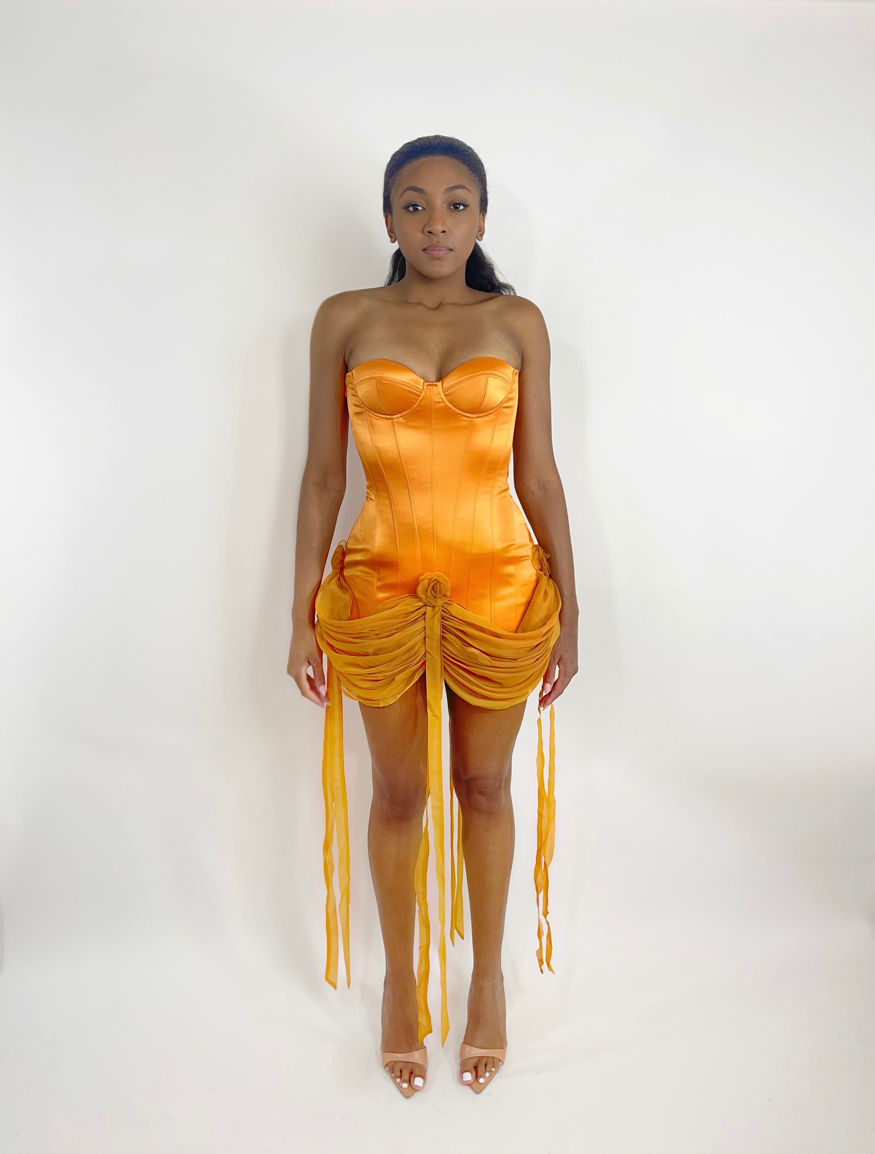 Alexandria - Marigold Chiffon Layered Corset Bodice Mini Dress